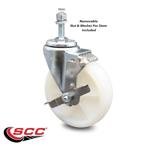 5 Inch Nylon Wheel Swivel 10mm Threaded Stem Caster with Brake SCC